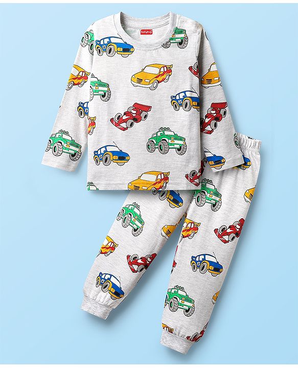 Babyhug Cotton Knit Full Sleeves Co-Ord Night Suit With Vehicles Print - White