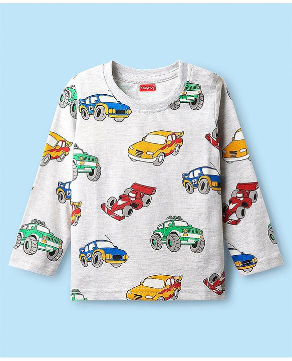 Babyhug Cotton Knit Full Sleeves Co-Ord Night Suit With Vehicles Print - White