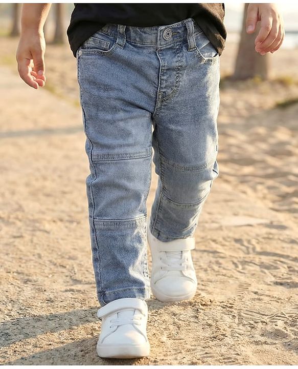 Babyhug Denim Full Length Washed Cut & Sew Jeans With Stretch - Blue