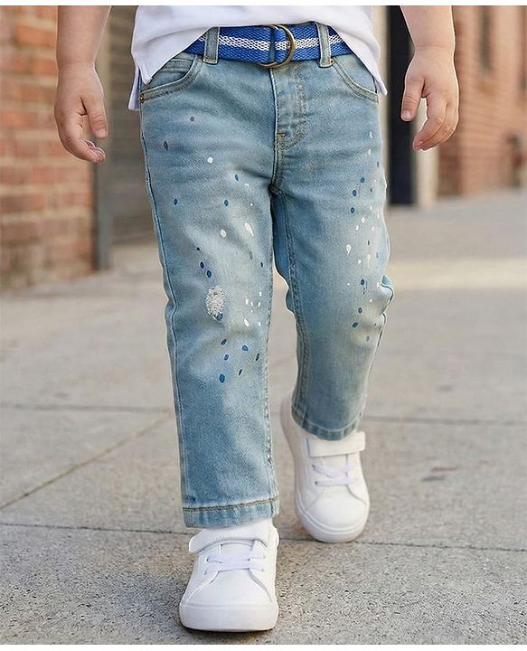 Babyhug Denim Full Length Washed Paint spaltter print Jeans With Stretch & Belt - Blue