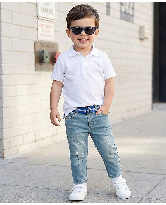 Babyhug Denim Full Length Washed Paint spaltter print Jeans With Stretch & Belt - Blue