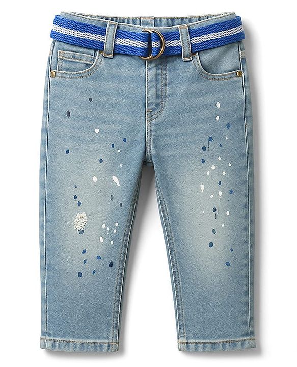 Babyhug Denim Full Length Washed Paint spaltter print Jeans With Stretch & Belt - Blue