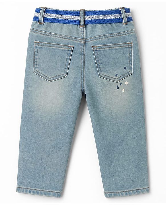 Babyhug Denim Full Length Washed Paint spaltter print Jeans With Stretch & Belt - Blue