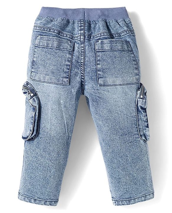 Babyhug Denim Full Length Washed Jeans with Stretch & Cargo Zipper Pockets - Cloud Blue