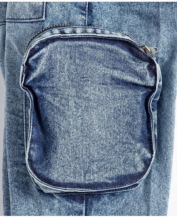 Babyhug Denim Full Length Washed Jeans with Stretch & Cargo Zipper Pockets - Cloud Blue