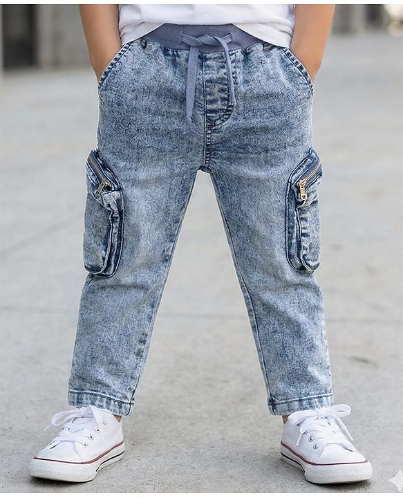 Babyhug Denim Full Length Washed Jeans with Stretch & Cargo Zipper Pockets - Cloud Blue