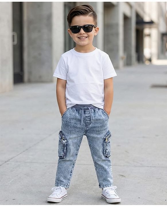 Babyhug Denim Full Length Washed Jeans with Stretch & Cargo Zipper Pockets - Cloud Blue