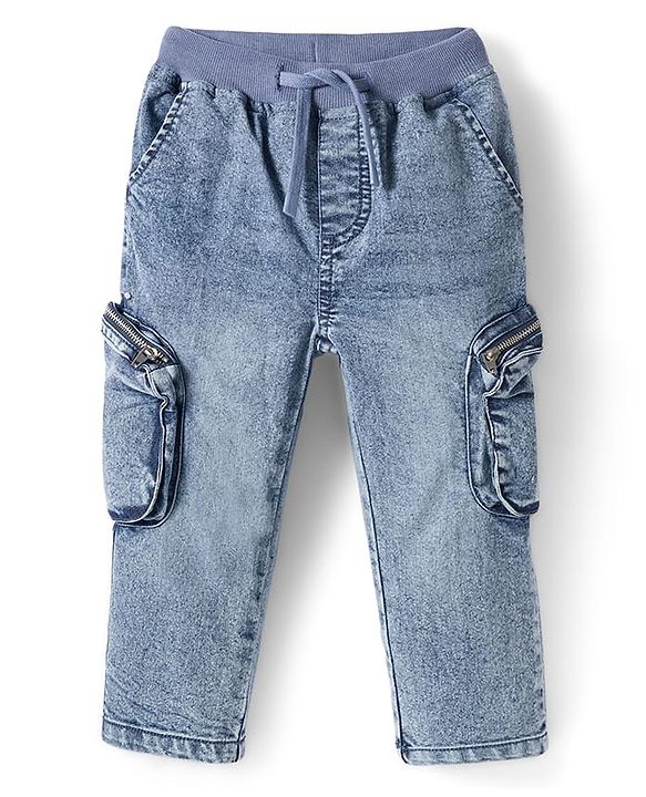 Babyhug Denim Full Length Washed Jeans with Stretch & Cargo Zipper Pockets - Cloud Blue