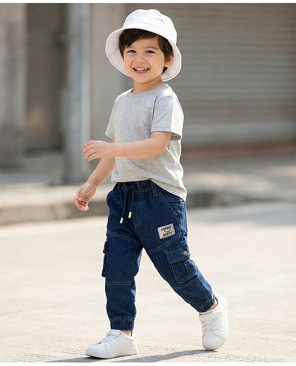 Babyhug Denim Full Length Washed Joggers With Stretch Cut & Sew With Cargo Pockets - Dark Blue