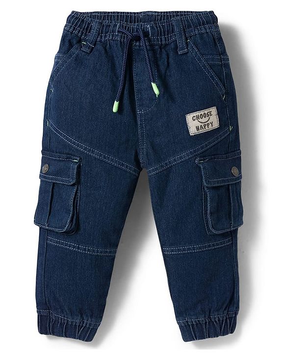 Babyhug Denim Full Length Washed Joggers With Stretch Cut & Sew With Cargo Pockets - Dark Blue