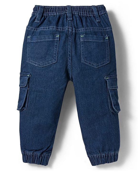 Babyhug Denim Full Length Washed Joggers With Stretch Cut & Sew With Cargo Pockets - Dark Blue