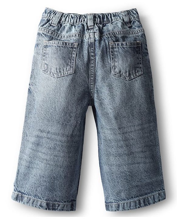 Babyhug Denim Full Length Washed Wide Leg Jeans With Stretch - Blue