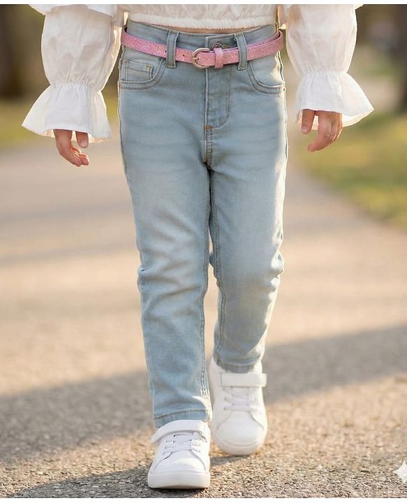 Babyhug Denim Full Length Washed Jeans With Stretch & Belt - Light Blue