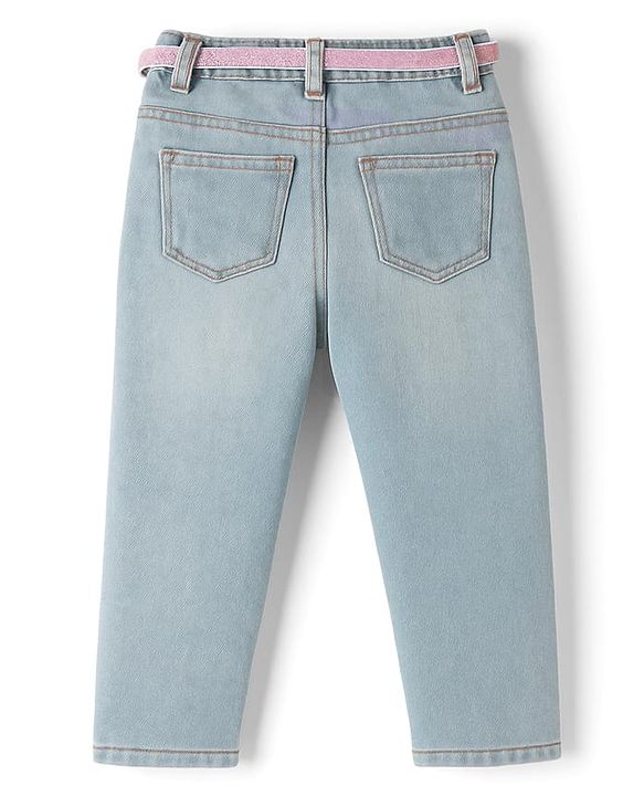 Babyhug Denim Full Length Washed Jeans With Stretch & Belt - Light Blue