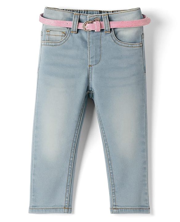 Babyhug Denim Full Length Washed Jeans With Stretch & Belt - Light Blue