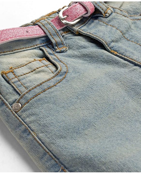 Babyhug Denim Full Length Washed Jeans With Stretch & Belt - Light Blue
