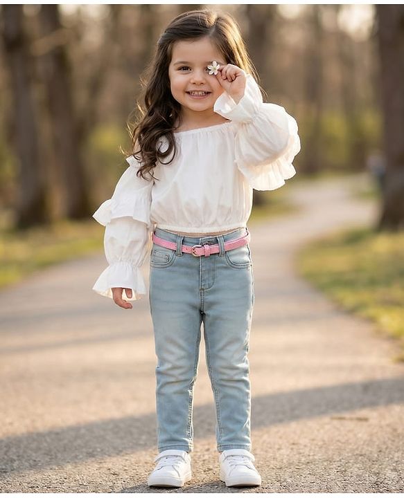 Babyhug Denim Full Length Washed Jeans With Stretch & Belt - Light Blue