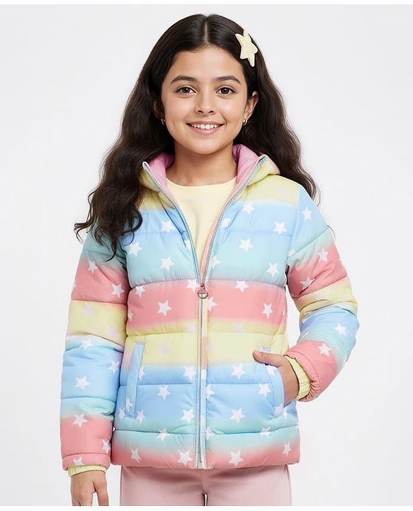 Pine Kids Woven Full Sleeves Hooded Padded Jacket With Star Print - Multicolor