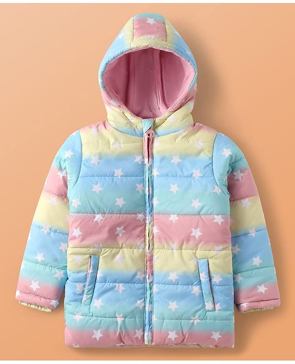 Pine Kids Woven Full Sleeves Hooded Padded Jacket With Star Print - Multicolor