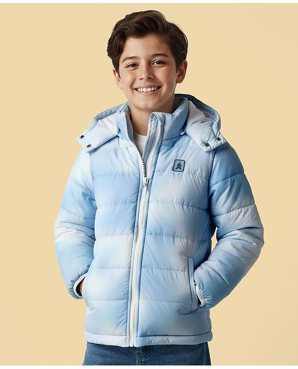 Pine Kids Woven Full Sleeves Hooded Padded Jacket With Tie & Dye Print - Blue