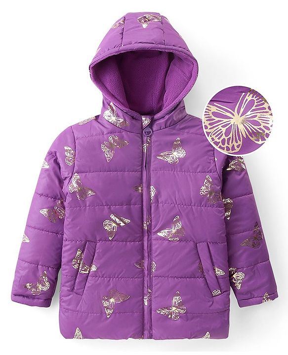 Pine Kids Woven Full Sleeves Hooded Padded Jacket With Foil Butterfly Print - Purple