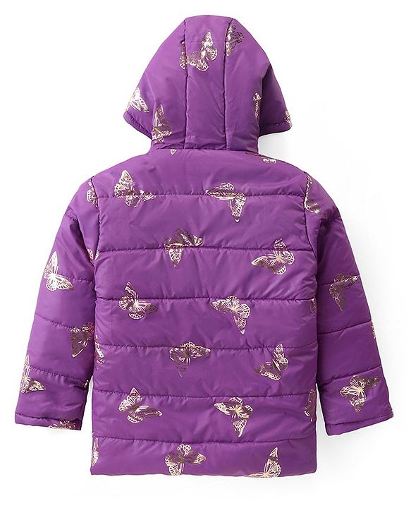 Pine Kids Woven Full Sleeves Hooded Padded Jacket With Foil Butterfly Print - Purple