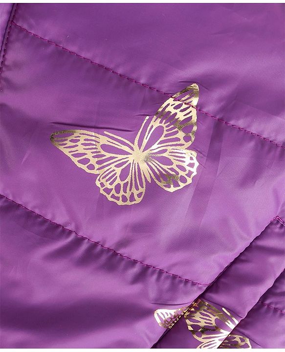 Pine Kids Woven Full Sleeves Hooded Padded Jacket With Foil Butterfly Print - Purple