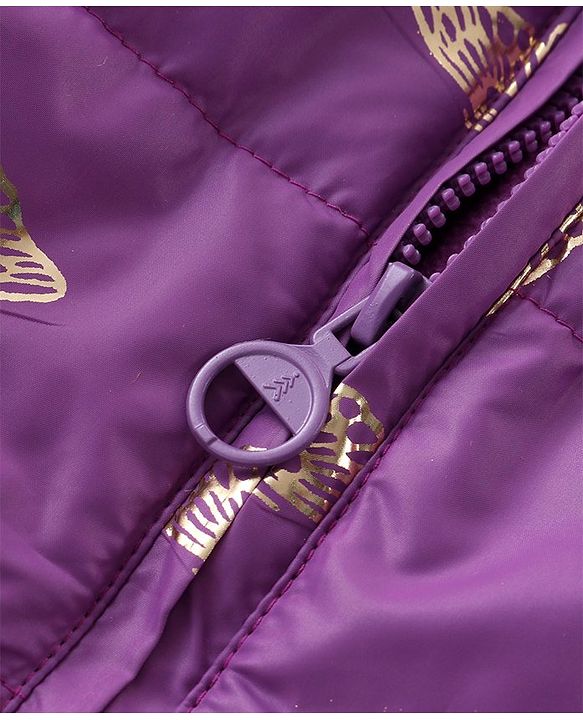 Pine Kids Woven Full Sleeves Hooded Padded Jacket With Foil Butterfly Print - Purple