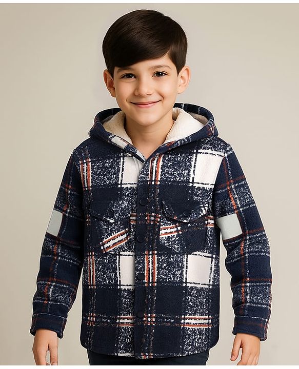 Pine Kids Woven Full Sleeves Hooded Winter Jacket With Checks - Navy Blue