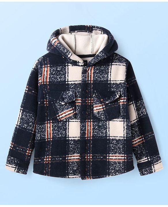 Pine Kids Woven Full Sleeves Hooded Winter Jacket With Checks - Navy Blue