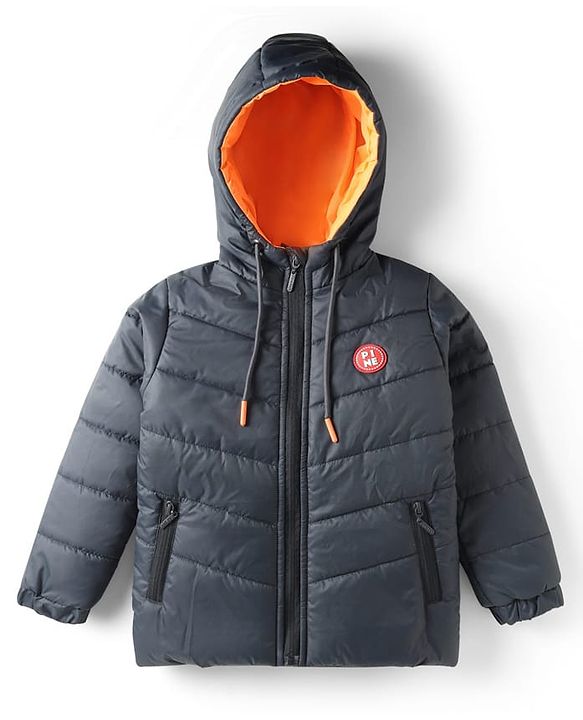 Pine Kids Woven Full Sleeves Hooded Padded Jacket With Kangaroo Pocket & Text Patch - Black