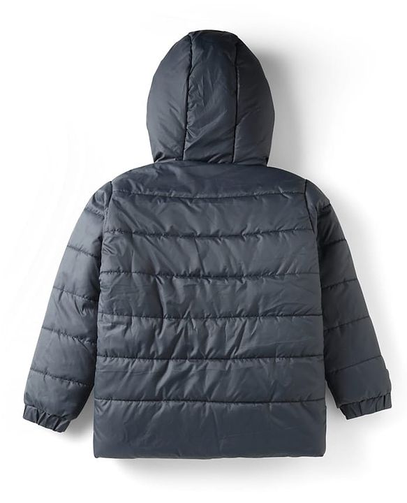 Pine Kids Woven Full Sleeves Hooded Padded Jacket With Kangaroo Pocket & Text Patch - Black