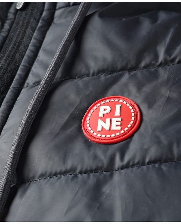Pine Kids Woven Full Sleeves Hooded Padded Jacket With Kangaroo Pocket & Text Patch - Black