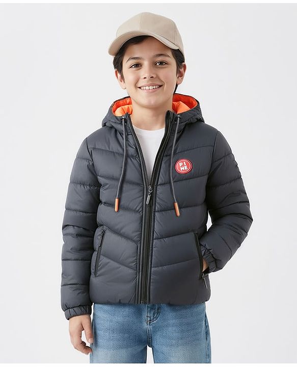 Pine Kids Woven Full Sleeves Hooded Padded Jacket With Kangaroo Pocket & Text Patch - Black