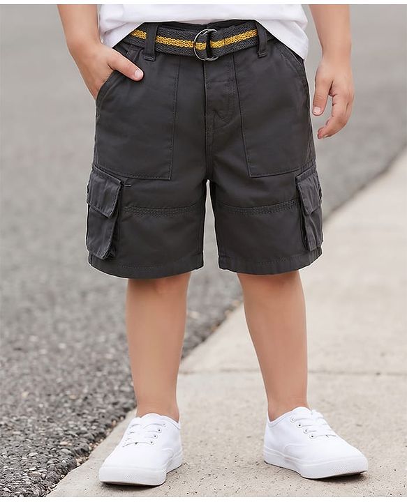 Babyhug Tussor Cotton Above Knee Length Bermuda With Belt - Grey