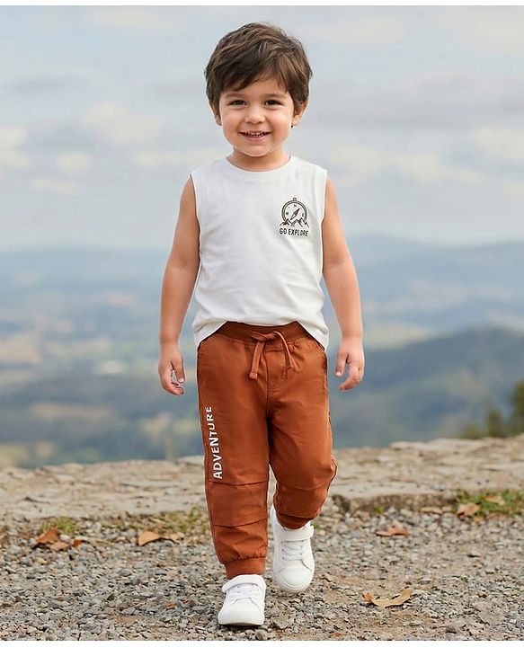 Babyhug Cotton Woven Full Length Jogger With Adventure Print - Rust Orange