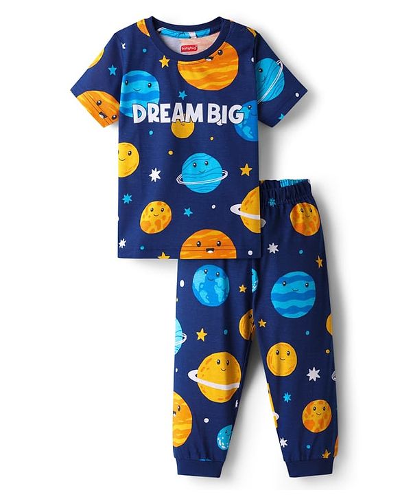 Babyhug Cotton Knit Half Sleeves Co-Ord Night Suit With Space Theme Print - Navy Blue