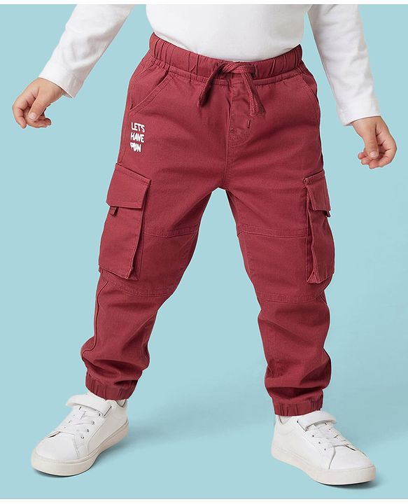 Babyhug Twill Full Length Cut & Sew Text Printed Trouser With Cargo Pockets & Stretch - Red