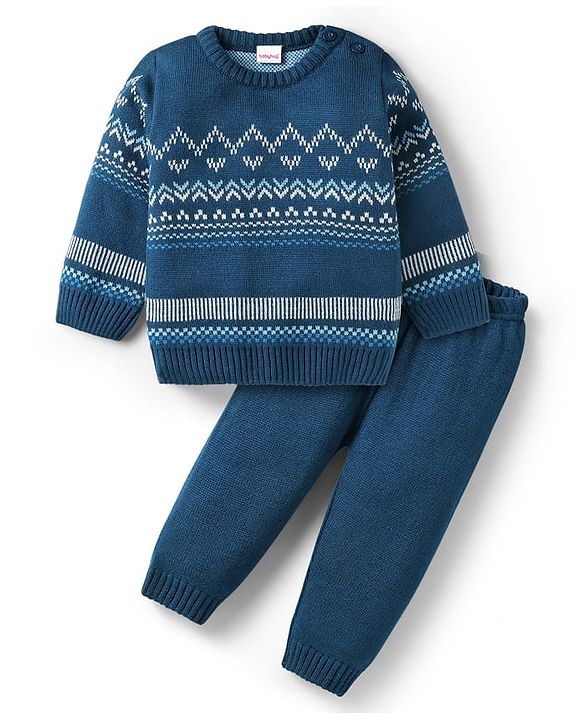 Babyhug Knitted Full Sleeves Sweater Set with Aztec Design - Blue