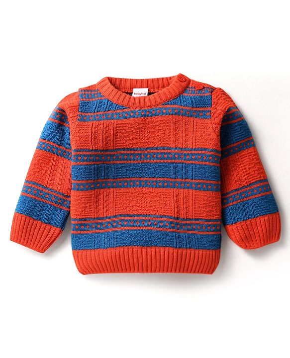 Babyhug Knit Full Sleeves Sweater Set With Stripe Design - Red & Blue