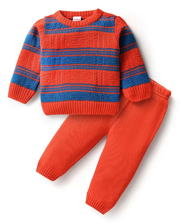 Babyhug Knit Full Sleeves Sweater Set With Stripe Design - Red & Blue