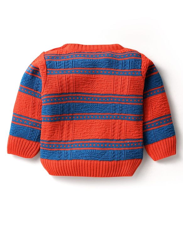 Babyhug Knit Full Sleeves Sweater Set With Stripe Design - Red & Blue