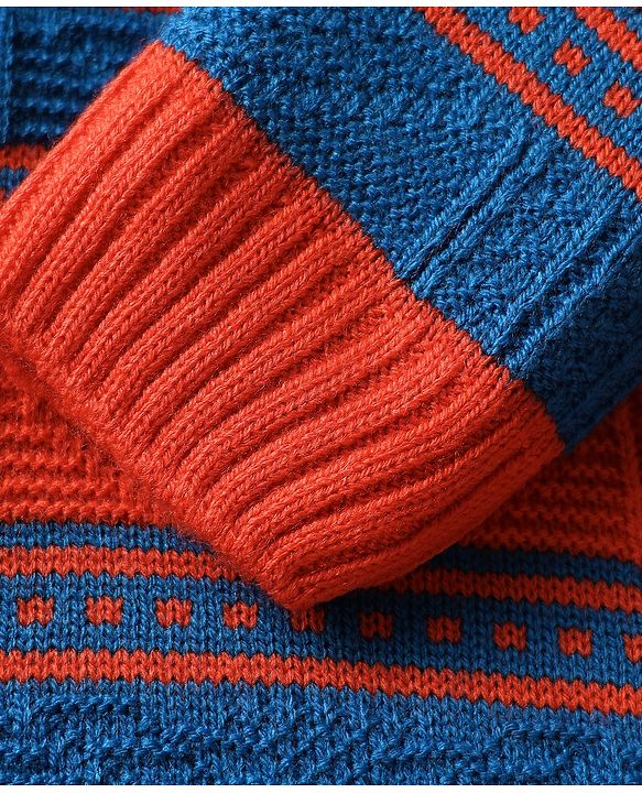 Babyhug Knit Full Sleeves Sweater Set With Stripe Design - Red & Blue