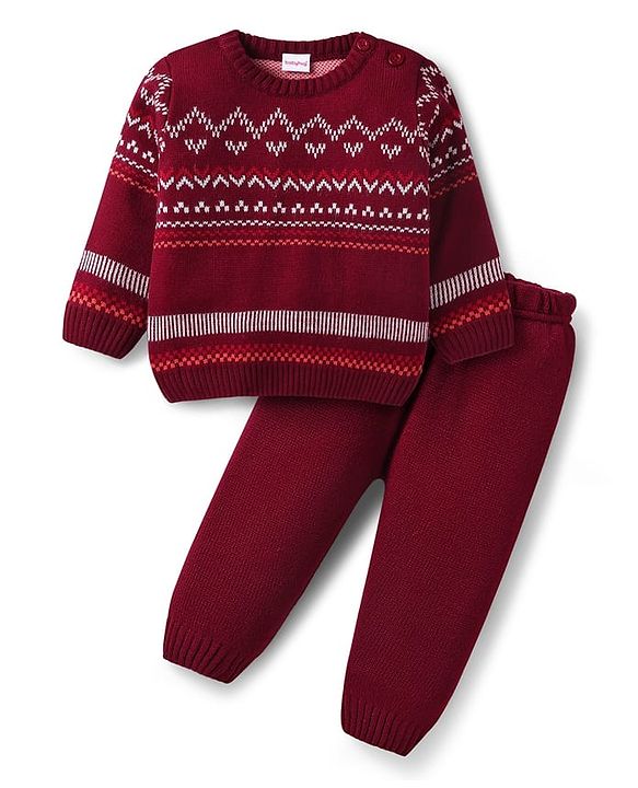 Babyhug Knitted Full Sleeves Sweater Set with Aztec Design - Maroon