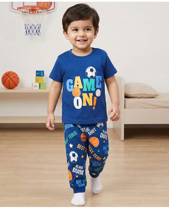 Babyhug Cotton Knit Half Sleeves Night Suit With Text & Football Print - Navy Blue