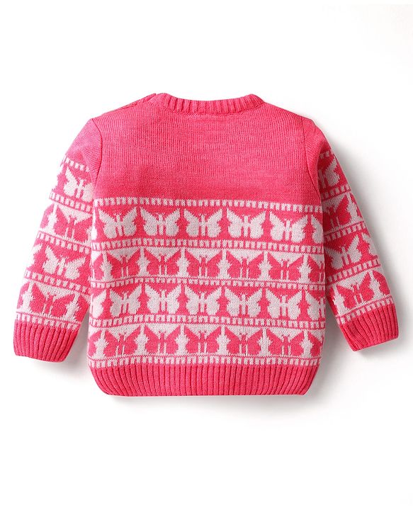 Babyhug Knit Full Sleeves Sweater Set With Butterfly Design - Pink