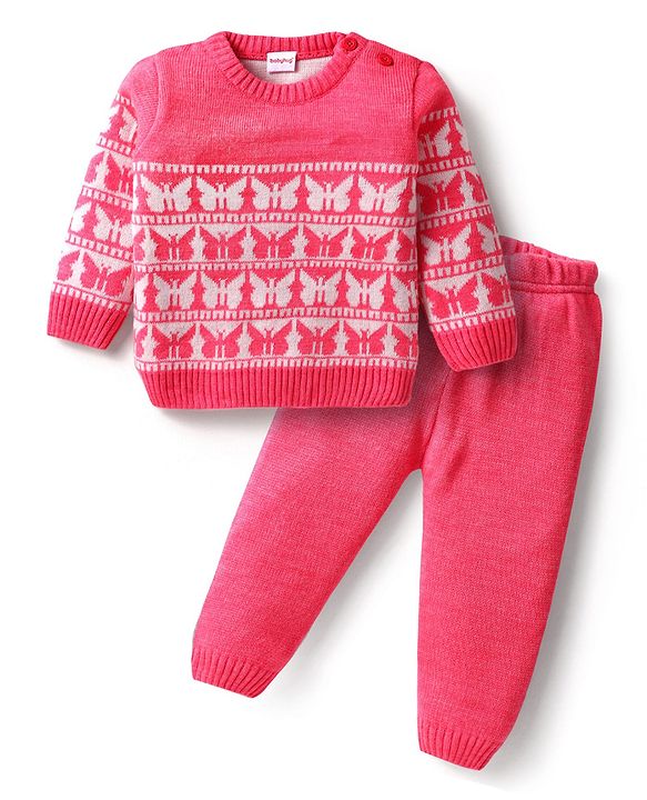 Babyhug Knit Full Sleeves Sweater Set With Butterfly Design - Pink