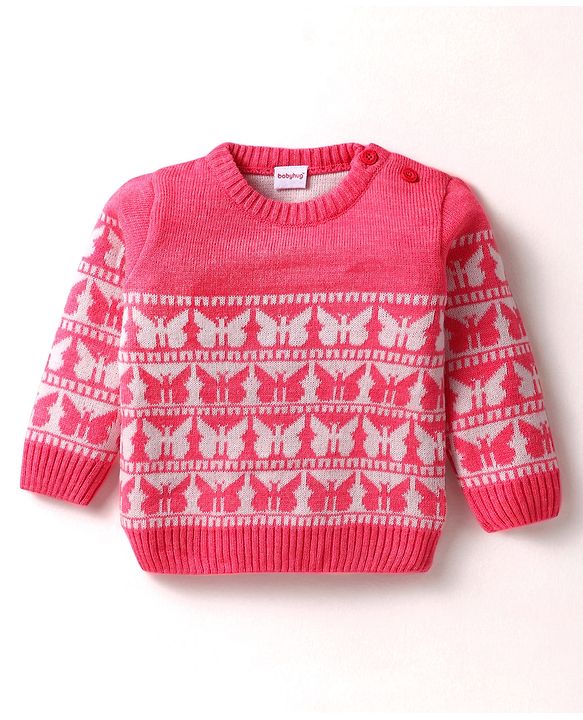 Babyhug Knit Full Sleeves Sweater Set With Butterfly Design - Pink
