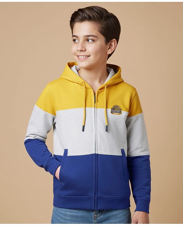 Pine Kids Cotton Knit Full Sleeves Cut & Sew Hooded Sweatjacket with Badge - Yellow Grey & Navy Blue