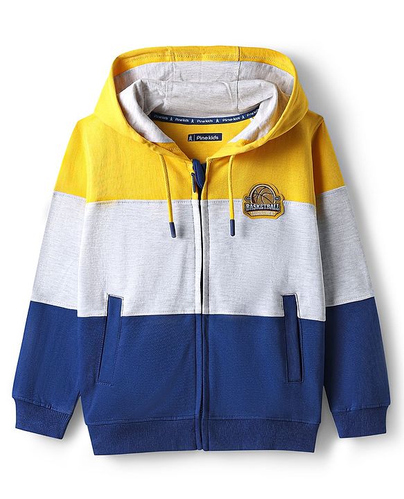 Pine Kids Cotton Knit Full Sleeves Cut & Sew Hooded Sweatjacket with Badge - Yellow Grey & Navy Blue